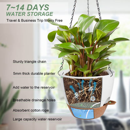 Vanslogreen Hanging Planters for Indoor Outdoor Plants, 2 Pack Self Watering Hanging Pot with Drainage Holes & Removable Tray (White, 6'')