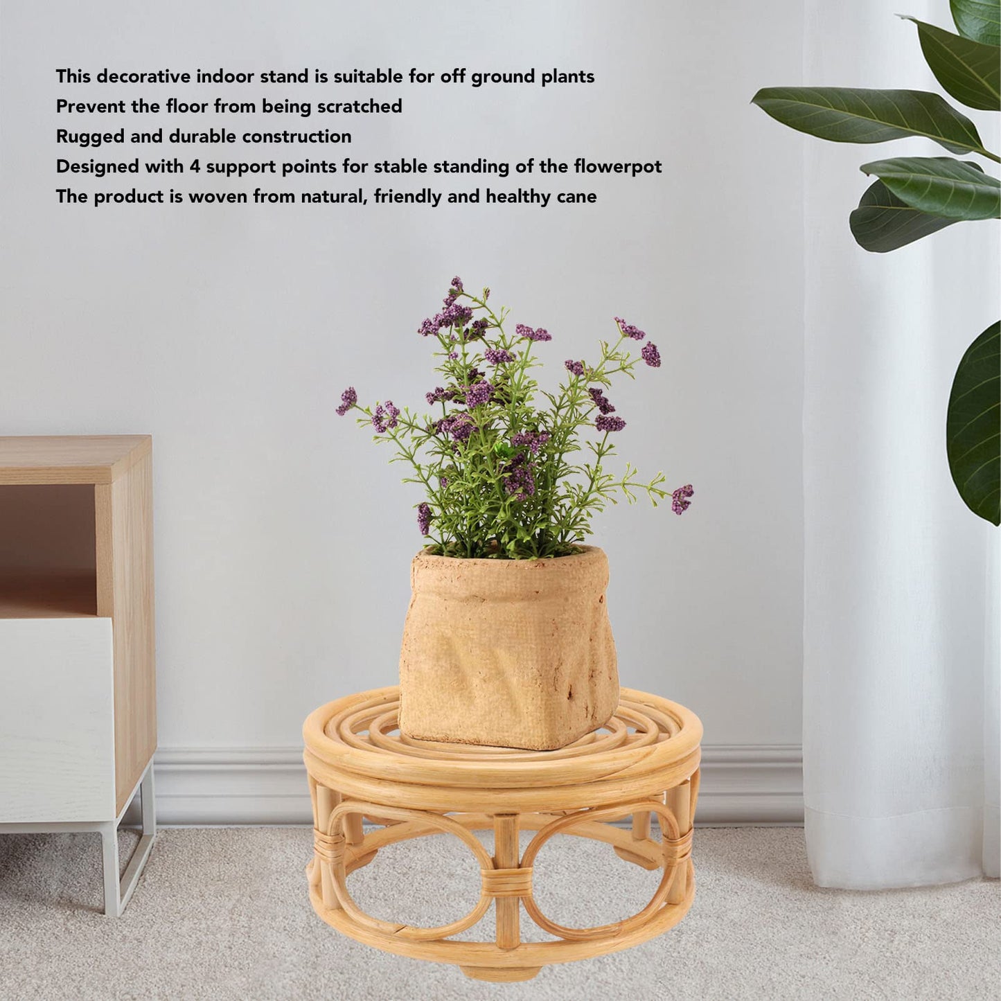 Round Plant Stand, Rattan Wicker Circle Pedestal Round Riser Plant Stand, Flower Pot Stands for Indoor Plants, Handmade Rattan Planter Stand for Home Kitchen Tabletop Decor (L)