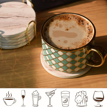 6Pcs Drink Coasters with Holder, Round Marble Style Ceramic Drink Coaster, Absorbent Coaster Set for Home Decor Tabletop Protection, Suitable for Kinds of Cups, Housewarming Gift, 4 Inches