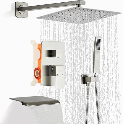 Brushed Nickel Rainfall Shower Faucet Set with Tub Spout 12 Inch, Shower Head and Handle with 2 Hooks for Bathroom Rain Shower and Handheld Shower System Square Wall Mount