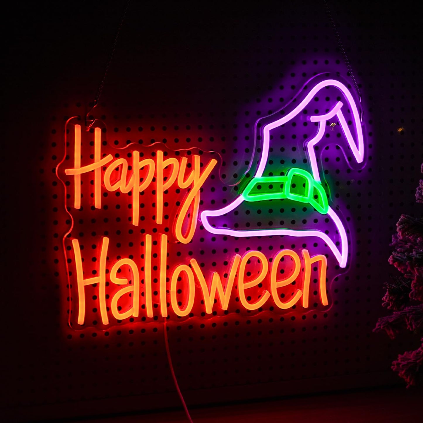 Happy Halloween Neon Sign Mysterious Purple Green Hat LED Neon Light for Wall Decor Dimmable USB Powered Halloween Light Up Sign for Halloween Decor Home Spooky Party bedroom Decor(16.5 * 12.6 In)