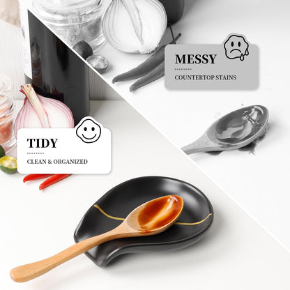 BosilunLife Black Ceramic Spoon Rest – Kintsugi Style Spoon Holder for Stove Top and Kitchen Countertop, Dishwasher Safe (Black)
