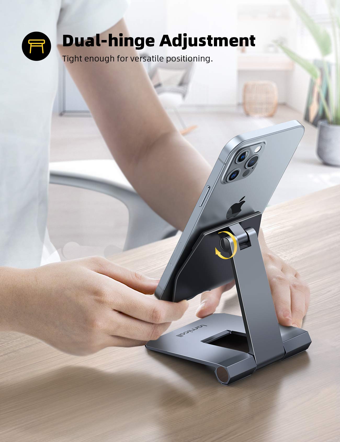 Lamicall Aluminum Metal Adjustable Cell Phone Stand Desk - Heavy Duty Aluminum Metal Foldable Desktop Phone Holder, Cradle, Dock, for iPhone 16 15 14, Plus, Pro, Pro Max, 13 12 X XS,4-11'' Phone Grey