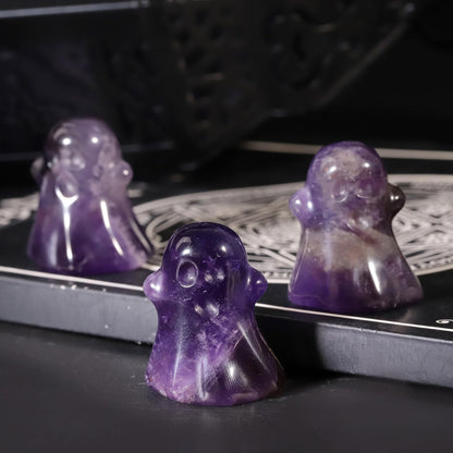 Rockcloud 2 PCS Crystal Stone Amethyst Ghost Pocket Stones Halloween Figurine Ghost Statue Ornament Party Decoration Supplies