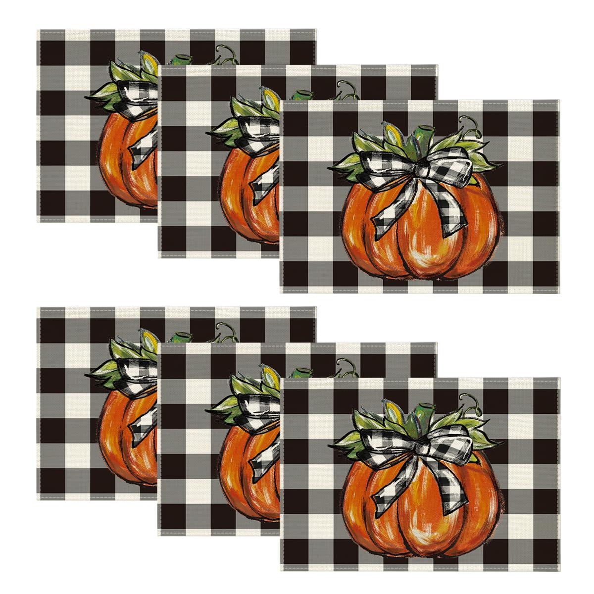 Artoid Mode Buffalo Plaid Pumpkin Bow Fall Placemats Set of 6, 12x18 Inch Seasonal Table Mats for Table Runner Party Kitchen Dining Decoration
