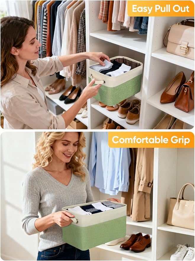 BALEINE 2 Pack Fabric Closet Storage Bins for Shelves, Linen Closet Organizers and Storage, Decorative Baskets for Organizing, Shelf, Clothes, Home, Office (Green, 17''x13''x10.5'')