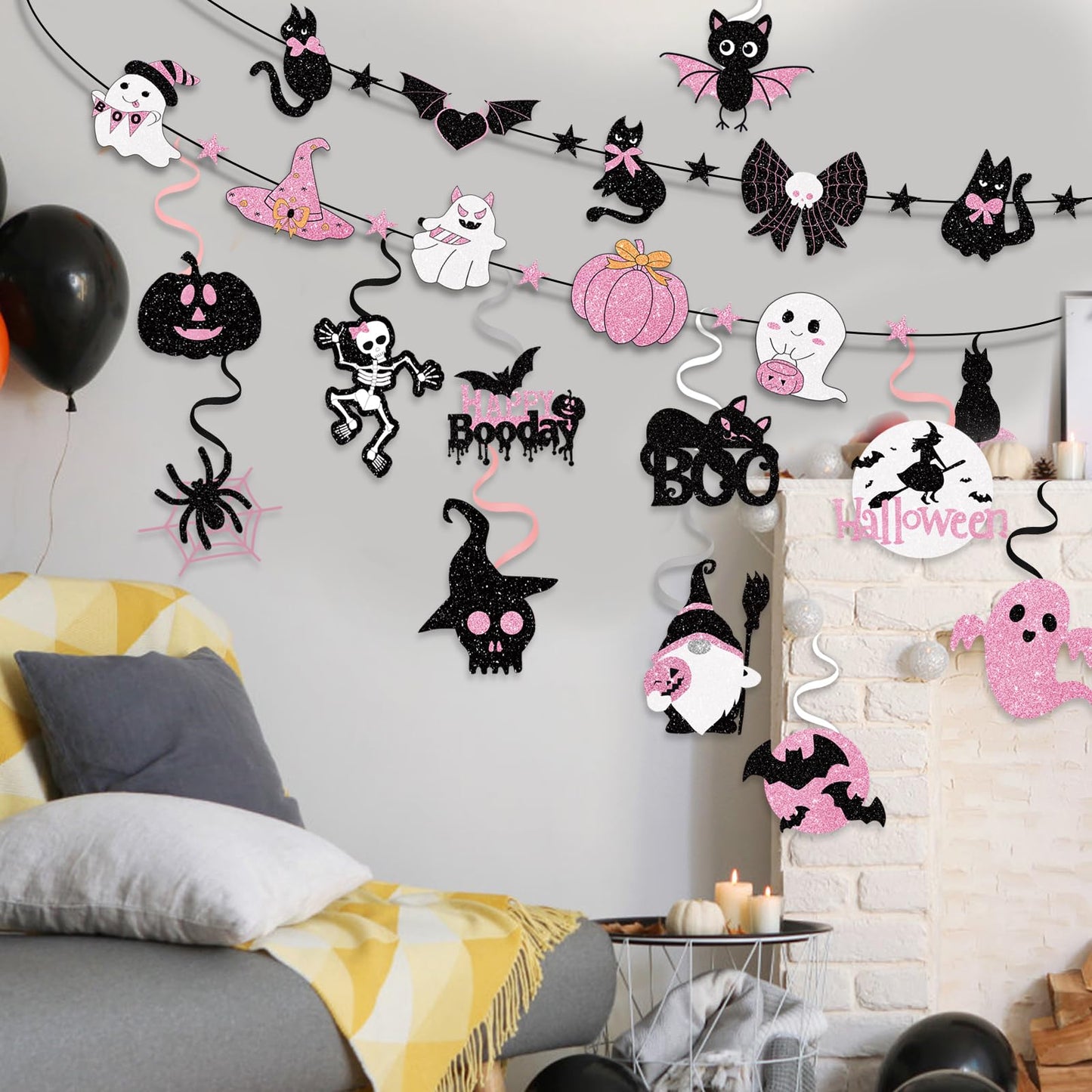 32 Piece Halloween Indoor Decoration Include 4 Banner Garlands and 12 Hanging Swirls Decora Pink Halloween Party Garland Hanging Decorations for Girls Home Mantel Wall and Window Decorations