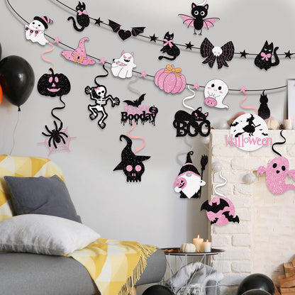 32 Piece Halloween Indoor Decoration Include 4 Banner Garlands and 12 Hanging Swirls Decora Pink Halloween Party Garland Hanging Decorations for Girls Home Mantel Wall and Window Decorations