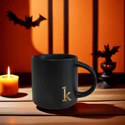 COLLECTIVE HOME - Black Monogram Ceramic Mugs, 15 oz Golden Initial Coffee Cups, Elegant Alphabet Tea Mugs, Personalized Halloween Mug with Gift Box, Perfect for Office and Home Décor (k)
