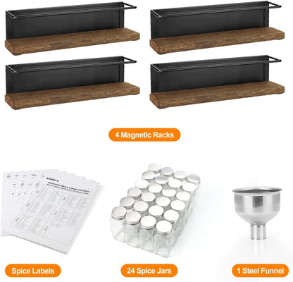 KitHero Magnetic Spice Rack with 24 Jars, 216 Labels, 1 Steel Funnel for Refrigerator，Microwave Oven - Full Set of Spice Organizer