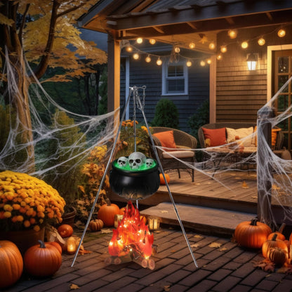 WinnerWhy 11 Pcs Large Witches Cauldron Halloween Decor Set Cauldron on Tripod with Spider Webs Fake Fire String Lights Skulls for Halloween Indoor and Outdoor Party Supplies