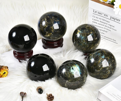 MOGEMT Labradorite Crystal Ball with Stand Large Crystals Sphere Decorative Ball Meditation Witchcraft Home Decor 90-100mm/3.5-3.9"