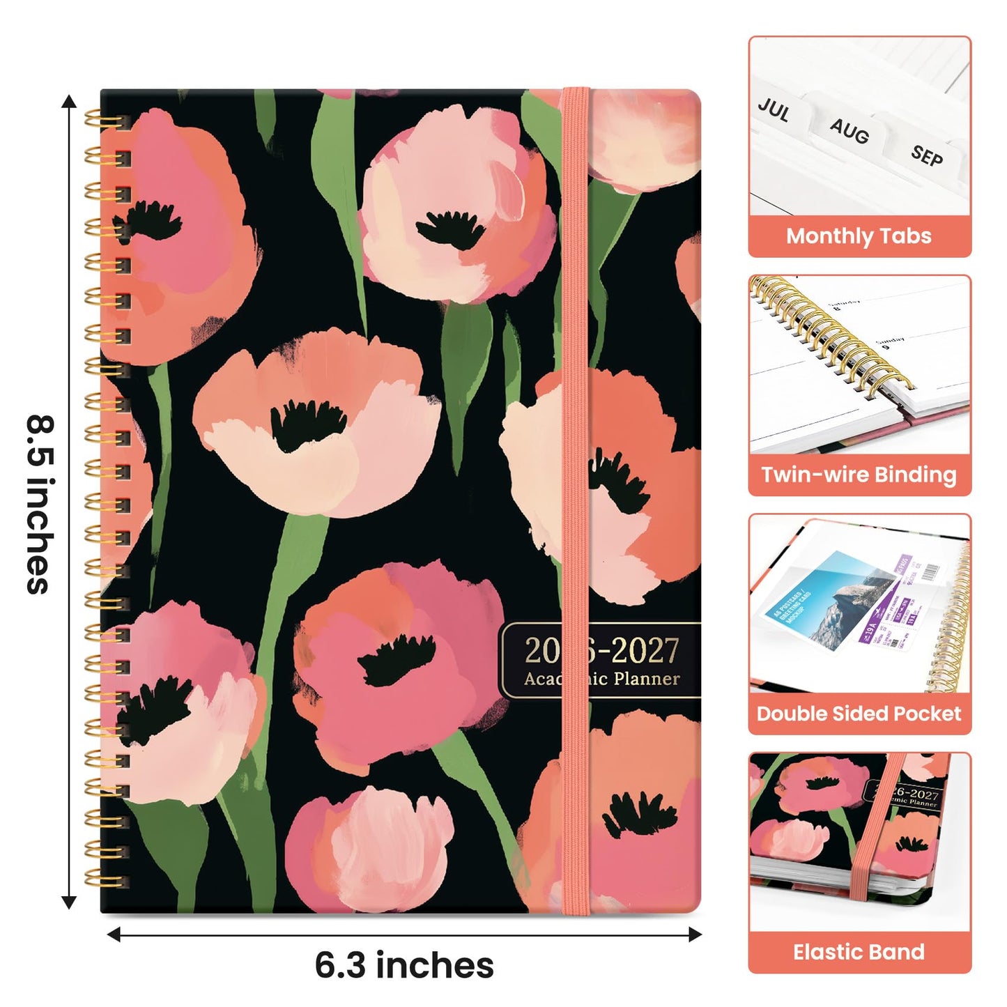 Planner 2026-2027, Academic Year Weekly and Monthly Calender Planner, from Jul 2026 - Jun 2027, Spiral Bound School Planning Book, Perfect for Teacher, Student, Women & Men, A5 (6.3" x 8.5"), Midnight Poppies