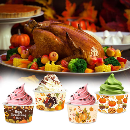 YVAINE 24pcs Thanksgiving Party Treat Snack Cups, Happy Thanksgiving Day Party Disposable Dessert Ice Cream Bowls Turkey Pumpkin Paper Dessert Soup Cup for give Thanks Party Supplies