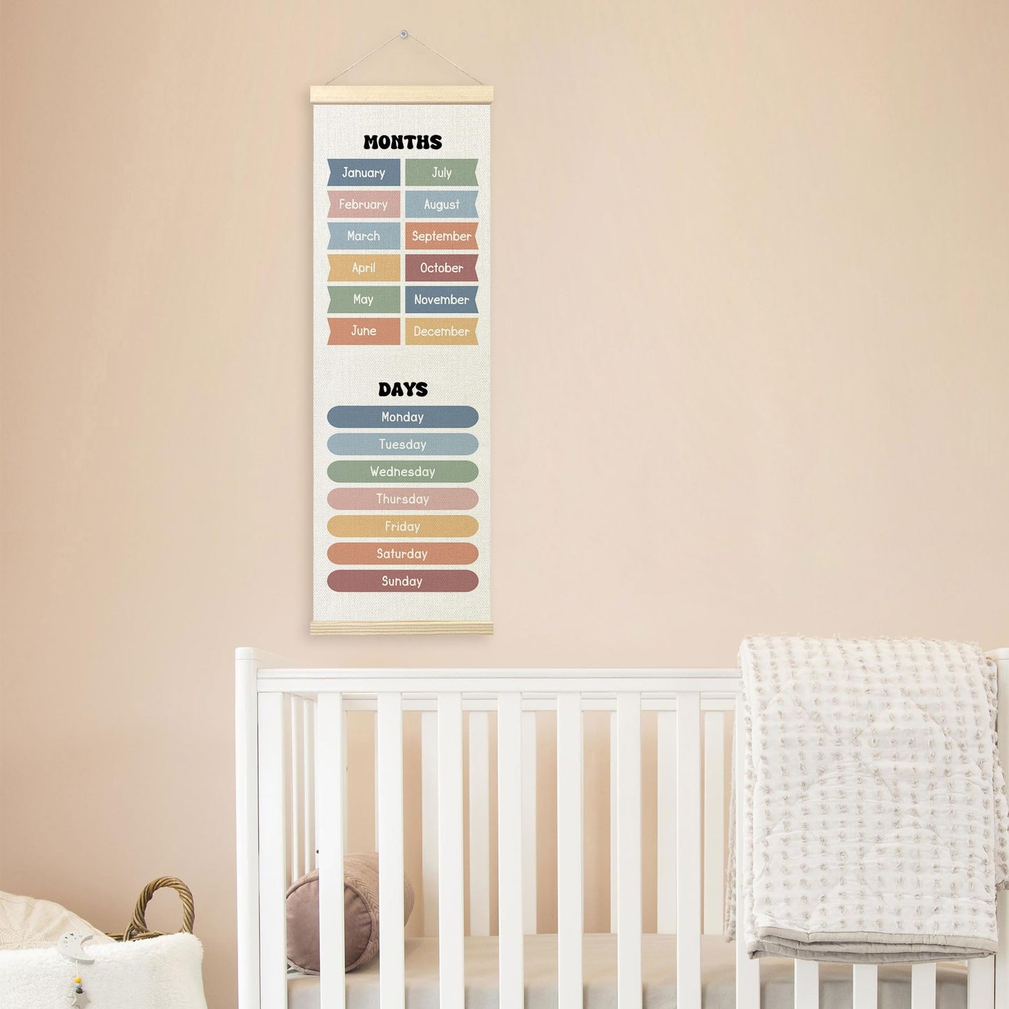 TLESKE Months of the Year Days of the Week Classroom Wall Art Poster, Educational Wall Decor Hanging Poster with Hanger Frame for Classroom, Toddlers Kids Wall Prints Picture Framed Banner, 12x35