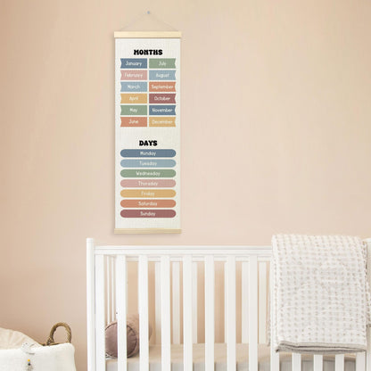 TLESKE Months of the Year Days of the Week Classroom Wall Art Poster, Educational Wall Decor Hanging Poster with Hanger Frame for Classroom, Toddlers Kids Wall Prints Picture Framed Banner, 12x35