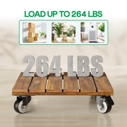 Idzo 2-Pack 12 Inch Acacia Wood Rolling Square Plant Caddy for Plant Pots, Heavy Duty Plant Stand with 360° Lockable Wheels, 264 lbs Capacity Caddy for Indoor and Outdoor Use, Natural Wood