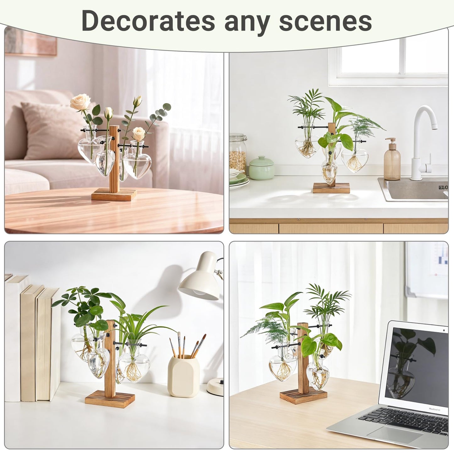 Mkono Heart Shaped Propagation Station with Wood Stand, Glass Hydroponic Planter Desktop Plant Terrarium for Home Office Decor, Gifts for Plant Lovers - 4 Love Bulb Pot Vase