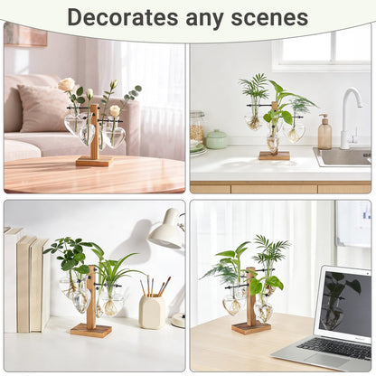 Mkono Heart Shaped Propagation Station with Wood Stand, Glass Hydroponic Planter Desktop Plant Terrarium for Home Office Decor, Gifts for Plant Lovers - 4 Love Bulb Pot Vase
