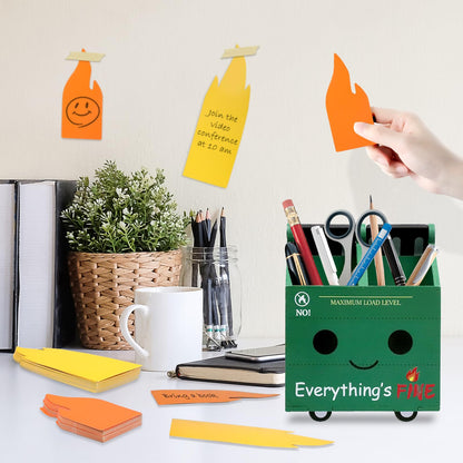 PUNICA Dumpster Fire Pencil Holder with 100 Pcs Flame Note Cards, Funny Office Desk Accessories Decor, Great Gifts for Coworkers Teacher - Green (Already Assembled)