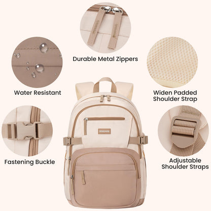 WINDARS Backpack for School Girls, Cute High School Backpacks for Teens Women Student Large Bookbag 15.6 Inch Laptop Bag with USB Charger Port for College Work Travel Trip (Khaki Beige)