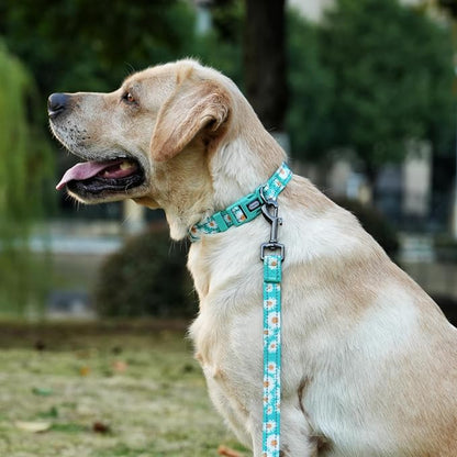 Dog Collar Leash Set, Floral Pattern, with Safety Reflective Strips, 5 ft Matching Leash, Neoprene Padded Handle, Adjustable 4 Sizes for Small Medium Large Dogs.(L, Green Daisy)