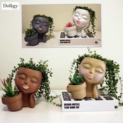 Dolkgy Face Flower Pot Head Planter, Face Planter Black Woman Unique Planters for Indoor Outdoor Plants, Novelty Plant Pots Lady Head Vase with Drainage Hole for Home Garden Succulents Cactus