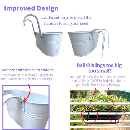 LaLaGreen Rail Planters for Outdoor (6 Pack, 11.2 Inch) White Metal Iron Hanging Flower Pots, Deck Railing Strawberry Planter Fence Bucket Wall Mount Window Box Plant Holder with Hooks Porch Decor