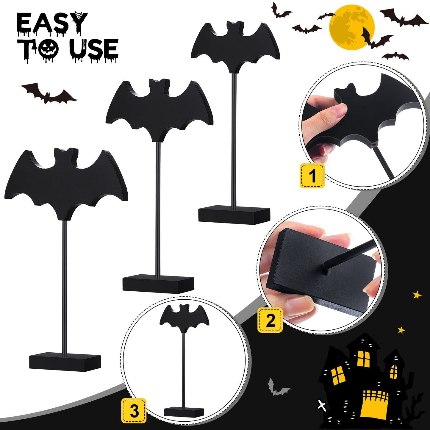 Shellwei 3 Pieces Halloween Wood Table Decor Bat Wooden Table Topper Sign Fall Tall Standing Wooden Centerpiece for Halloween Party Favor Home Room Decor(Black)