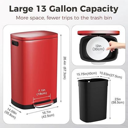 ELPHECO LPHECO Kitchen Trash Can with Lid Soft Close, 13 Gallon / 50L Stainless Steel Pedal Garbage Can, Heavy-Duty Step Wastebasket with 20 Bags, Removable Bucket, Home Office, Kitchen, Scarlet Red