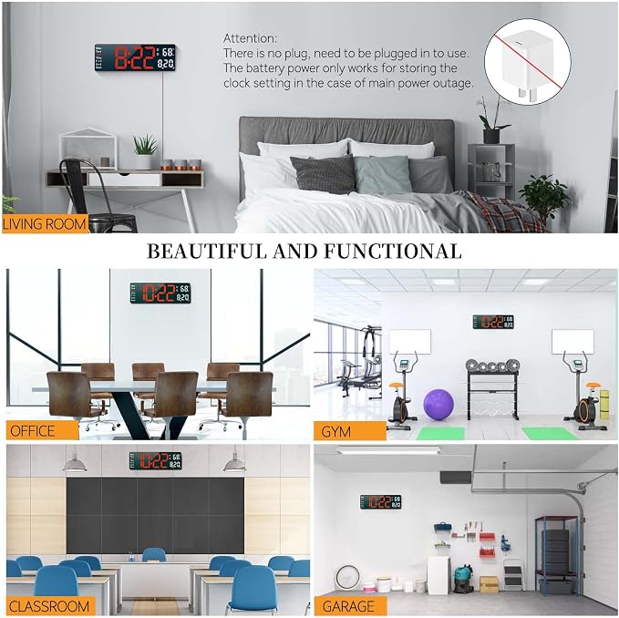 Digital Clock, Digital Wall Clock for Living Room Decor, Desk Alarm Clock for Bedroom, Large Wall Clock with Remote Control, Automatic Brightness Dimmer LED Clock with Date Temperature Week (Red-W)