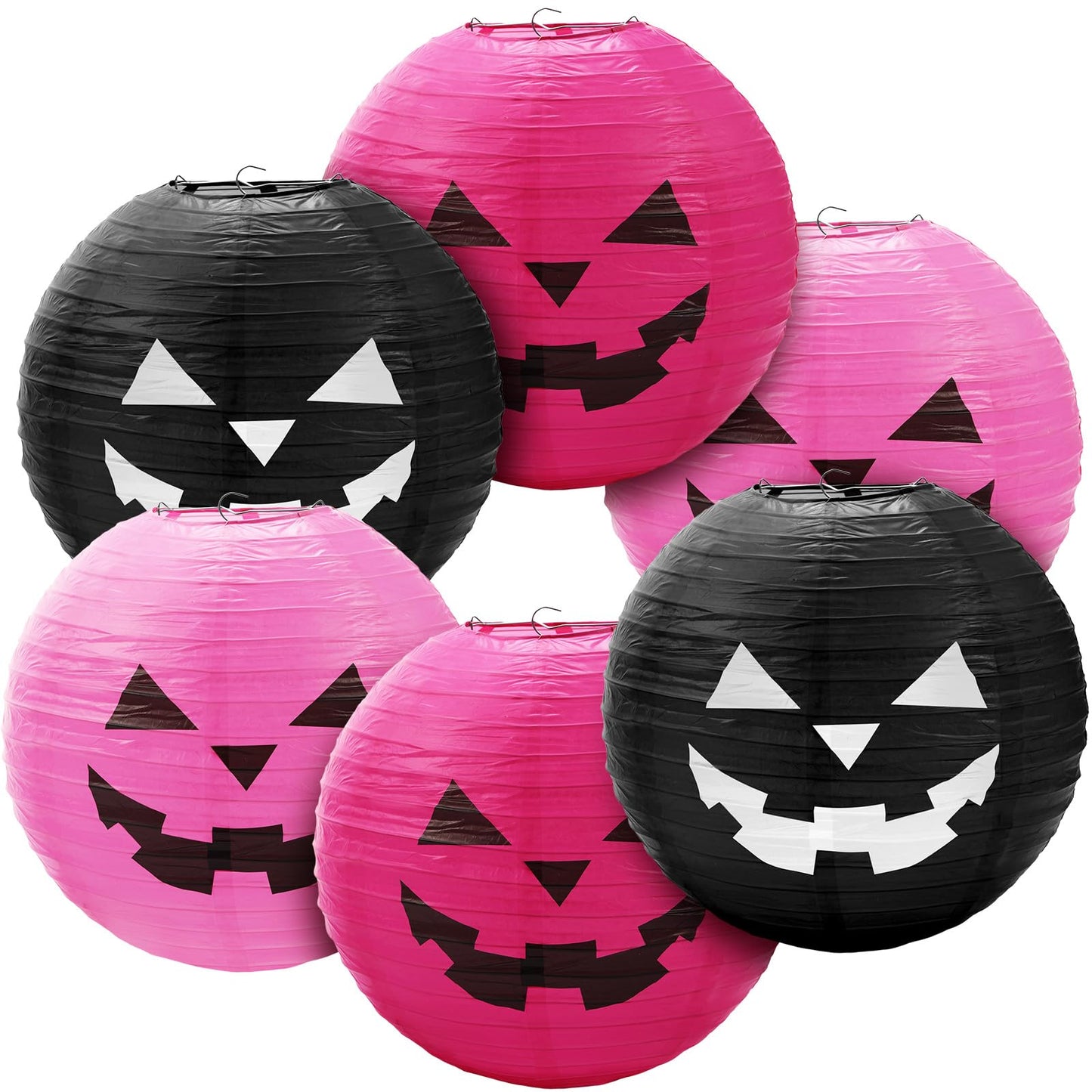 Blulu 6 Pieces Halloween Hanging Paper Lanterns Set Pumpkin Paper Jack-O'-Lantern for Halloween Spooky Home Party Decoration, 11.8 x 11 Inch (Pink,Black)
