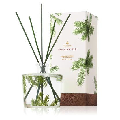 Thymes Frasier Fir Reed Diffuser Set – Includes Reeds, Fragrance Oil, and Frosted Glass Bottle – Fragrance Oil Diffuser – Room Fresheners – Luxury Home Decor – Green & Clear (Pine Needle, 4 fl oz)