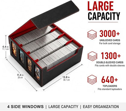 3200+ High-Capacity Card Display Storage Box, 4-Row Design (Ideal for Collectors & Beginners), Heavy-Duty Archival Case for MTG/TCG/Sports Cards （Black Red）