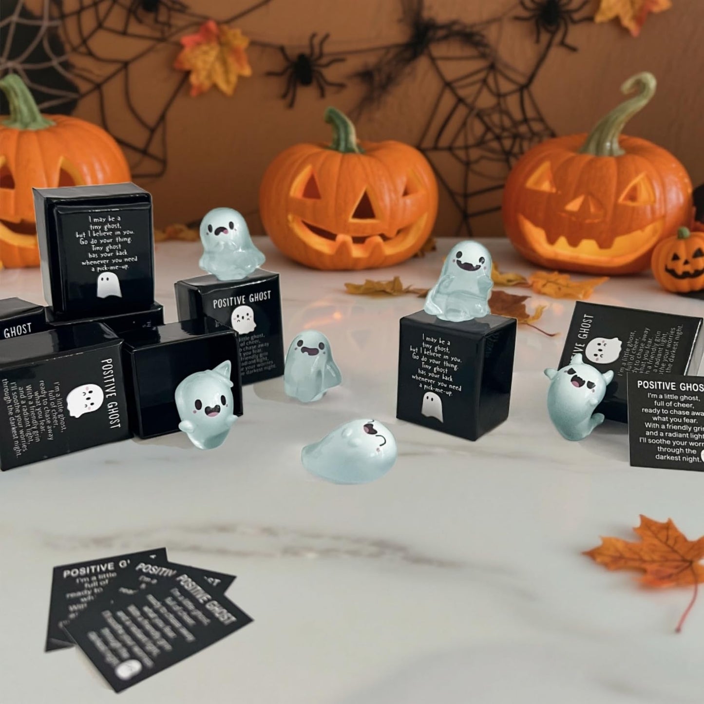Jxueych Halloween Mini Glow-in-The-Dark Ghost Figurines - 6pcs Resin Collectibles with Positive Messages, Spooky-Cute Decor for Home, Office, Parties (Green)