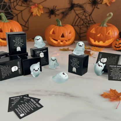 Jxueych Halloween Mini Glow-in-The-Dark Ghost Figurines - 6pcs Resin Collectibles with Positive Messages, Spooky-Cute Decor for Home, Office, Parties (Green)
