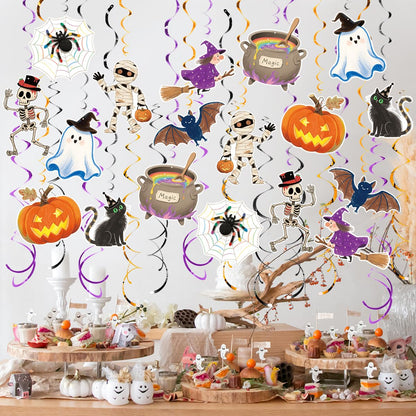 30Pcs Halloween Hanging Swirl Decorations Pre-Assembled Ceiling Streamers with Ghost Pumpkin Spider Skull Cutout Decor for Halloween Birthday Party Baby Shower Office School Home Decorations
