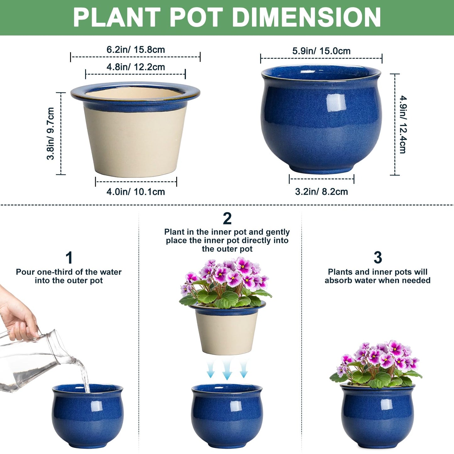 Teagas 6 Inch Self Watering Pots, Ceramic African Violet Planter with Absorbent Inner Pot, Round Flower Pot for Indoor Plants, Ceramic Pots for Plants, Room Home Decor, Plant Lover Gifts, Blue