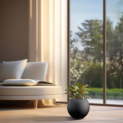 Kante Round Concrete Flower Pot, 11 Inch Dia (7.9" Opening) Sphere Shape Design Planter with Drainage Hole and Rubber Plug for Indoor & Outdoor Plants, Black Finish with Painted Interior