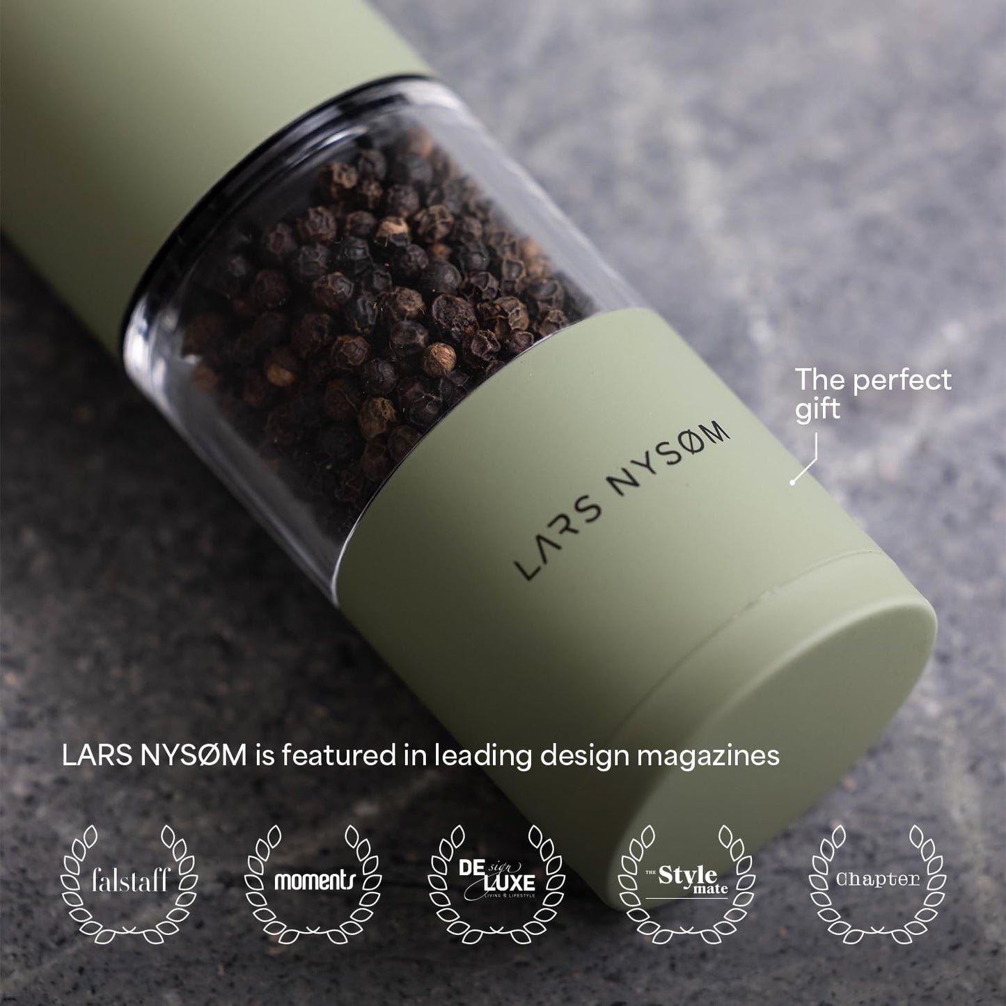 LARS NYSØM Salt and Pepper Grinder Set, Manual Salt and Pepper Mills with Adjustable Ceramic Grinder, Design Spice Shaker Set (Stainless Steel)