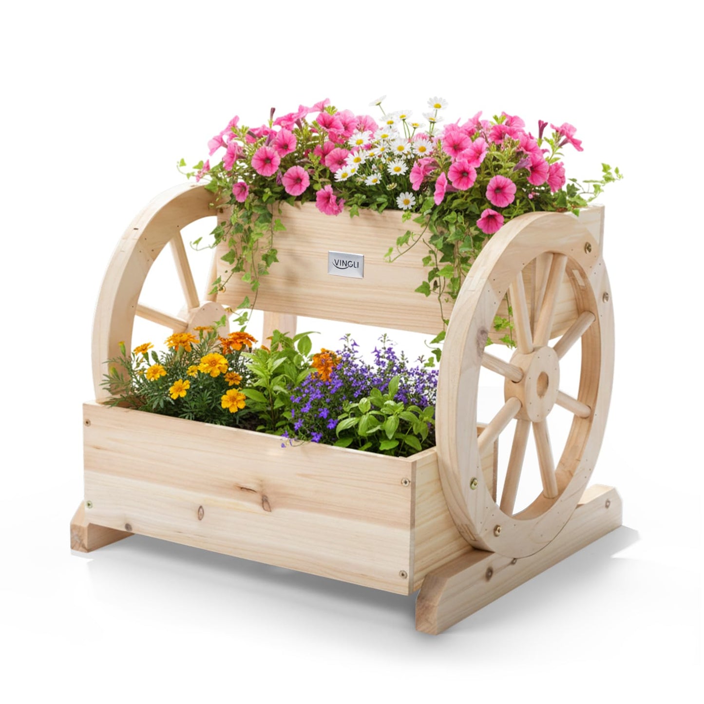 VINGLI Cute Wooden Wagon Planter Box with Storage, Rustic Wheel Planter Decor for Flowers, Herbs, Vegetables - Patio, Balcony, Garden, Backyard - Indoor Outdoor Bench Cart 2 Tires (Natural Wood)