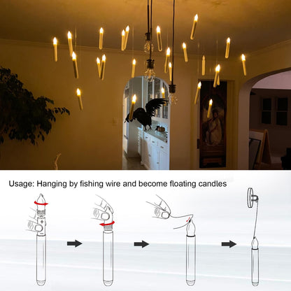 Raycare Floating Candles with Wand, 12 Pcs Magic Hanging Candles Flameless, Flickering Warm Light LED Taper Candle with Wand Remote, Battery Operated Window Candle for Halloween Witch Wizzard Decors