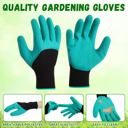 Reallnaive 4 Pcs 6.7 Inch Seedling Transplant Tongs with Gardening Gloves 2 Stainless Steel Gardening Plants Transplant Tongs 2 Rubber Coated Protective Gloves with Grip for Reducing Root Damage