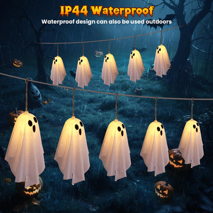 Halloween Ghost Decor, 10 Pcs Spooky Ghosts String Lights Battery Operated, 8 Lighting Mode, Light up Ghost Garland, for Mantle, Fireplace, Window, Porch, Party Indoor Outdoor Decor