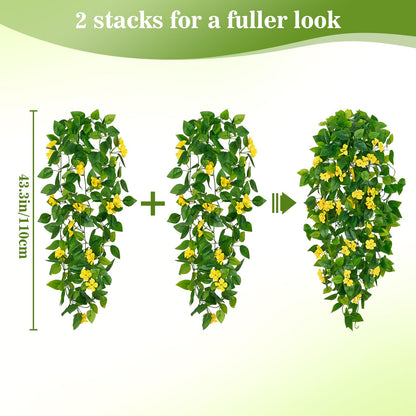 BLEUM CADE Artificial Hanging Flowers for Outdoors, 4pcs Fake Hanging Plants Pothos Vines with Yellow Flowers for Wall Home Living Room Indoor Outdoor Decor (No Baskets)