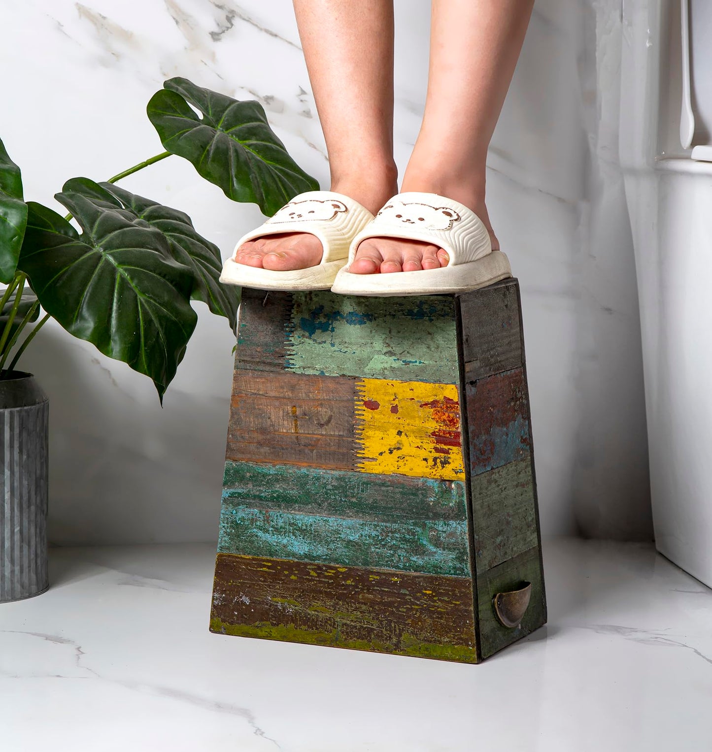 TIMRIS Small Wood Trash Can Wastebasket, Farmhouse Rectangular Garbage Can Waste Basket, Rustic Distressed Boho Wooden Trash Recycling Bin with Metal Handles, Reclaimed Wood Storage Basket (Random)