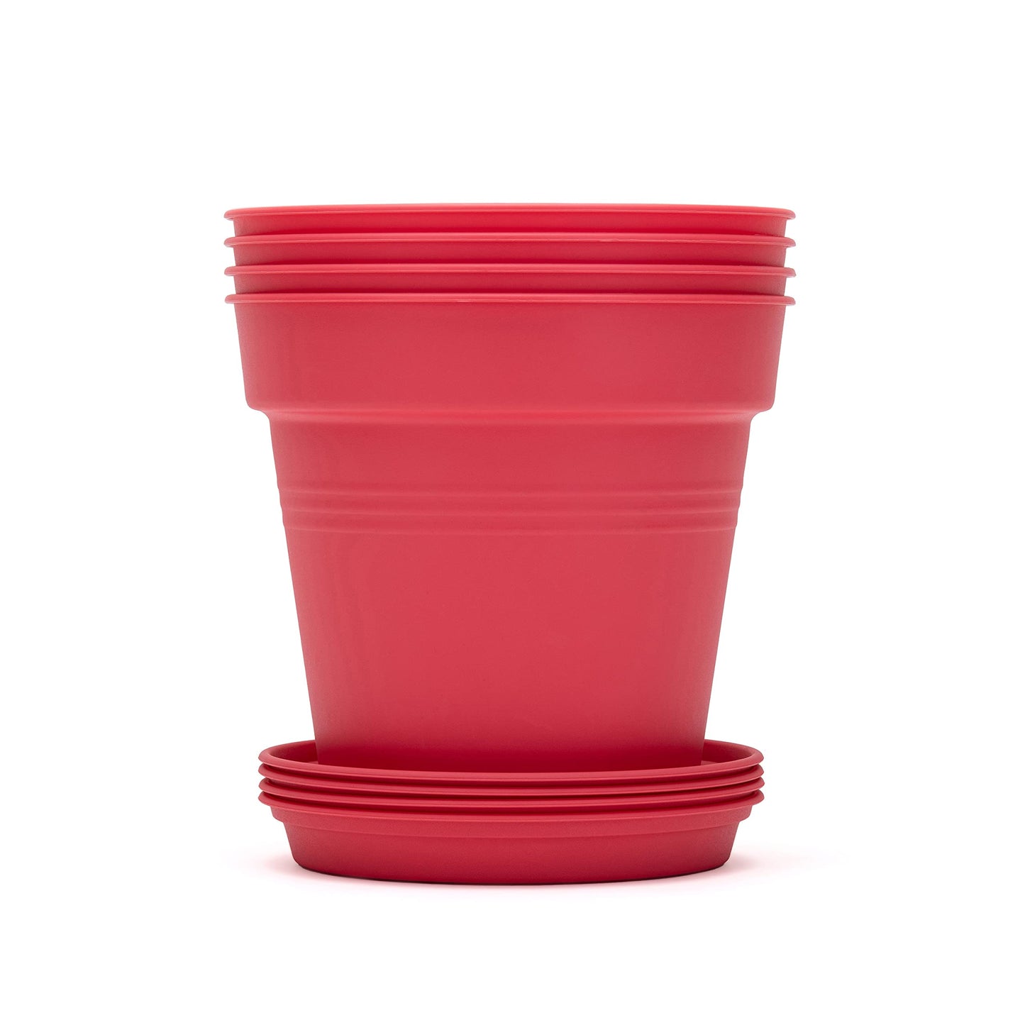 Mintra Garden Pots, 4 Pack Bulk Plastic Plant Pots with Drainage Tray, Round Indoor & Outdoor Decorative Planters with Drain Holes for Flowers, Herbs & Plants, 15cm Diameter – Coral, 7.5 in