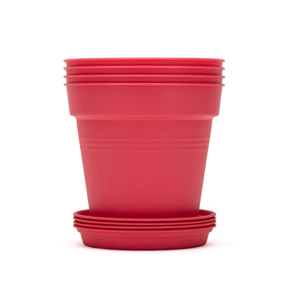 Mintra Garden Pots, 4 Pack Bulk Plastic Plant Pots with Drainage Tray, Round Indoor & Outdoor Decorative Planters with Drain Holes for Flowers, Herbs & Plants, 15cm Diameter – Coral, 7.5 in