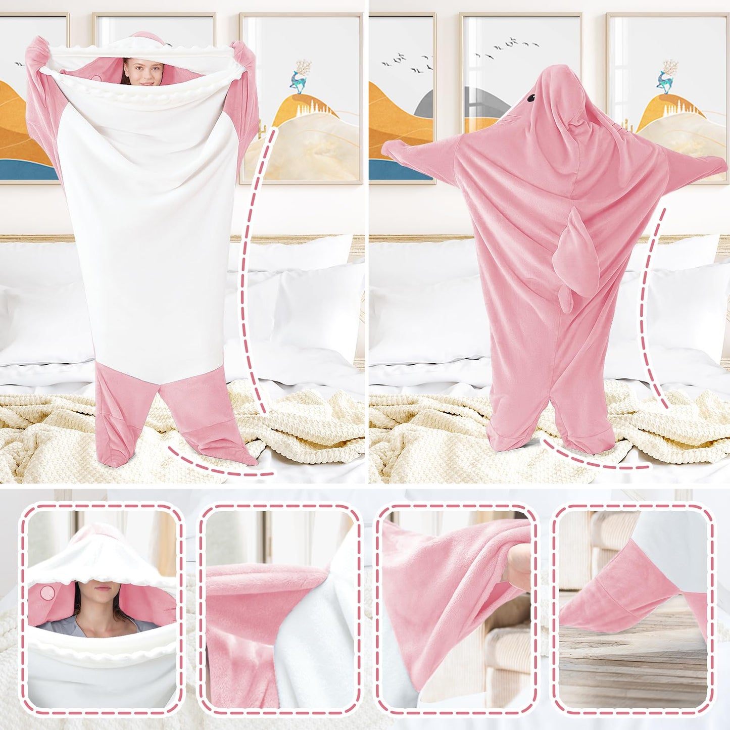 Shark Blanket Onesie for Adult Super Soft Cozy Flannel Throw Wearable Blanket Hoodie, Cartoon Animals Shark, Sleeping Bag Cosplay Shark Costume Blanket Gifts for Shark Lovers (Pink,S)