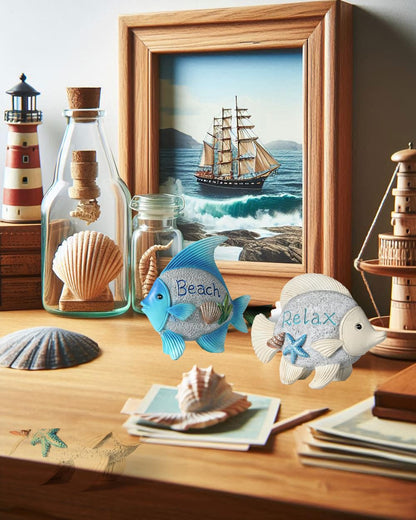 GoGnome Coastal Charm Resin Fish Figurines - Set of 2 Decorative Relax & Beach Decor Nautical Themed 4.4'' Statues for Home Hotel (Fishes)